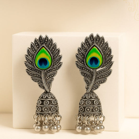 Antique Oxidized Silver Peacock Feather Earrings with Golden Glow