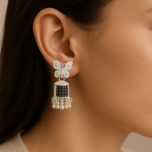 Elegant Butterfly Silver Jhumka Earrings