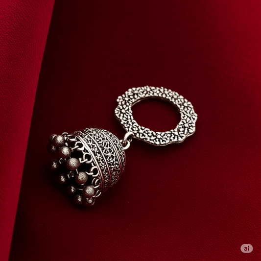Antique Floral Hoop Jhumka Earrings Oxidised Silver